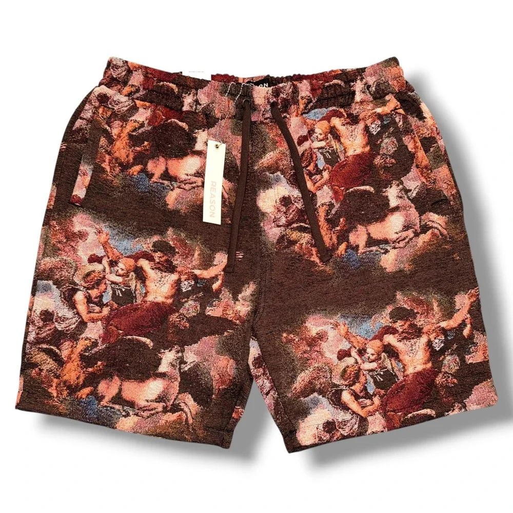 Reason Tapestry Shorts Mens XL Brown Multi Renaissance Art Graphic Woven New
